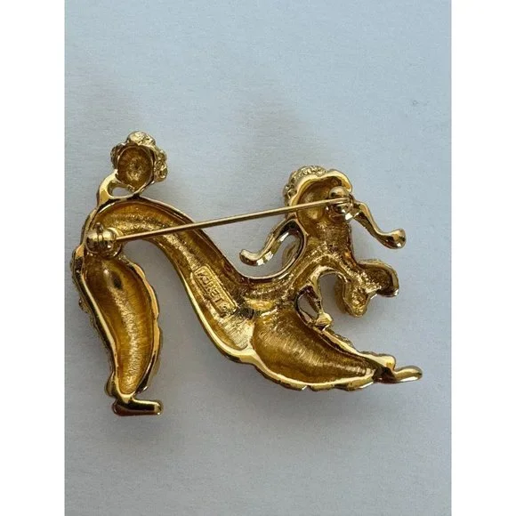 Vintage Signed Monet Playful Poodle Brooch Gold-Tone Ruby Rhinestone Eye Dog Pin - Picture 4 of 5